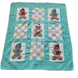 Baby Quilt Christmas Gingerbread Child Vintage Blanket 40” X 35” All Hand Stitch