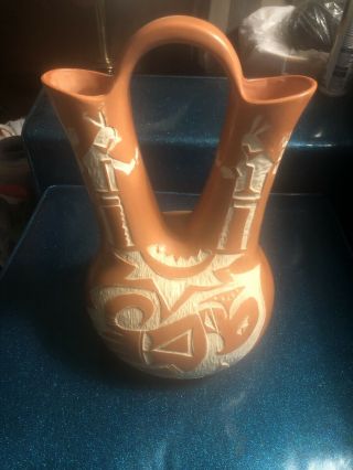Vase.  Native American Wedding Vase With Indians Etched On Case.