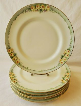 Vtg Set 6 Limoges Hand Painted Dinner Plates Yellow Flowers On Green