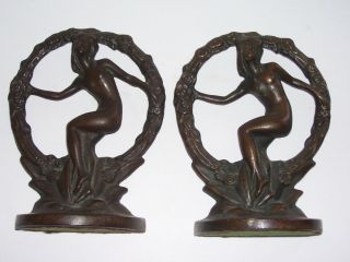 Vintage Art Deco Nude Lady Bronze Finish Cast Iron Bookends