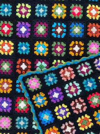 Vtg Granny Square Black Afghan Crochet Throw Blanket Roseanne 55 X 46 Handmade