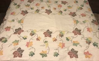Vintage Linen Cross Stich Fall Leaves Rectangle Tablecloth 64 X 48” L58