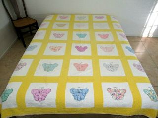 , Needs Tlc: Vintage Feed Sack Hand Sewn Applique Butterfly Quilt; Full