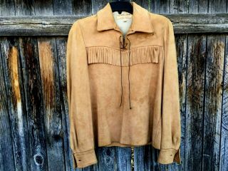 Vintage California Corrals Suede Leather Buckskin Shirt Top With Fringe Small