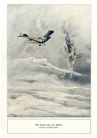 Air Fight In The Clouds Gustav Romin German Artist Print C.  1916