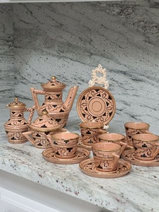 Vintage Handmade Tea Set Of 6 Brena Oaxaca Mexico Tan,  Black,  Gold Geometric
