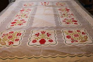 Vintage Cotton Tablecloth Gray And White W/ Red Tulips 50x65 Cutter