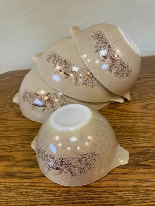 Set Of 4 Vtg Pyrex " Forest Fancies " Tan Merry Mushroom Cinderella Nesting Bowls