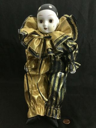 Vintage 90s Porcelain & Clothes Musical Pierrot Clown Doll W/stand Figurine 13 "