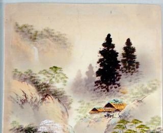 Painted Chinese Tile Mountain Trees River Signed in Lower Corner 2