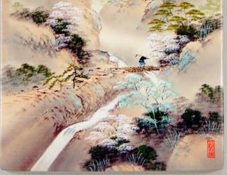 Painted Chinese Tile Mountain Trees River Signed in Lower Corner 3