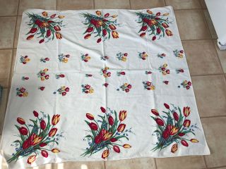 Vintage Tulip Crocus Muscari Cotton Tablecloth 46 X 48