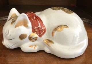 6” Vintage Japanese Porcelain Kutani Sleeping Cat Nemuri Neko Gold And White