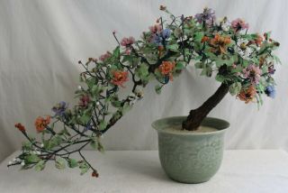 Vintage Large Japanese Asian Jaded Rose Quartz Bonsai Tree Celadon Pot 23 " X 15 "