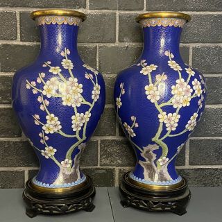 Chinese Cloisonne Enamel Vase Pair Fine Quality 12 " Vases Pair W/ Stands