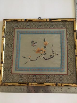 Vintage Asian Japanese Bamboo Framed Silk Needle Work Picture Floral Tree Bird. 2