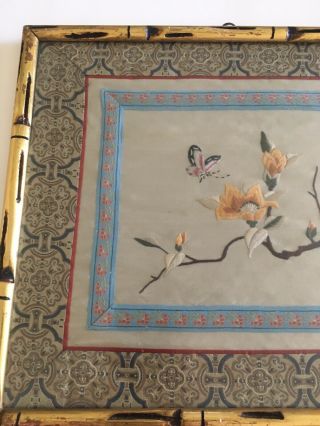 Vintage Asian Japanese Bamboo Framed Silk Needle Work Picture Floral Tree Bird. 3