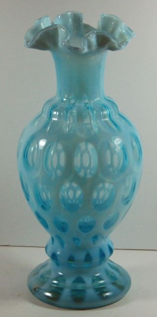 Vintage Fenton Blue Coin Dot Opalescent Ruffled Edge Large 11 " Vase