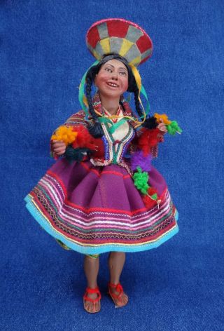 Folk Art Clay Doll Of Peru Festive Ethnic Costume South American Indian 10.  5 "