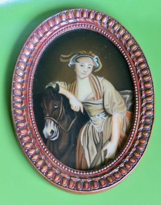Portrait Of A Lady Woman With Horse Reverse Glass Painting Framed Oval Vintage?