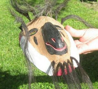 Vintage Native ?? Hand Carved Wooden Mask With Horse Hair / Ceremonial