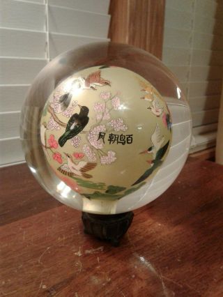 Vtg Signed Reverse Hand Painted Glass Globe Ball Asian Birds & Flowers 5 " Diam