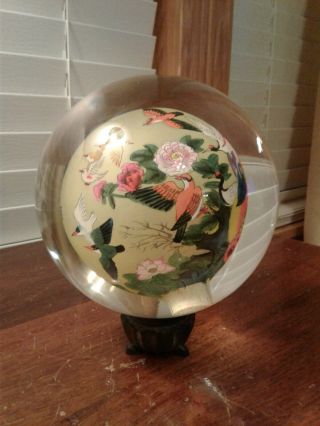 Vtg Signed Reverse Hand Painted Glass Globe Ball Asian Birds & Flowers 5 