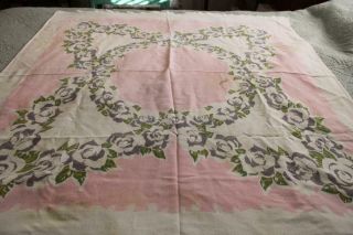 Vintage Cotton Tablecloth Pink And White With Floral Border 47x50 Cutter