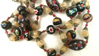 Miriam Haskell Vintage 28 " Glass Venetian Bead Necklace Dark Reds/beige/floral