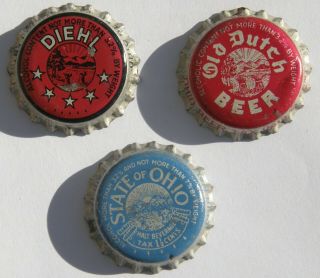 3 Different Ohio Beer Bottle Caps,  Diehl,  Old Dutch,  And A Generic One