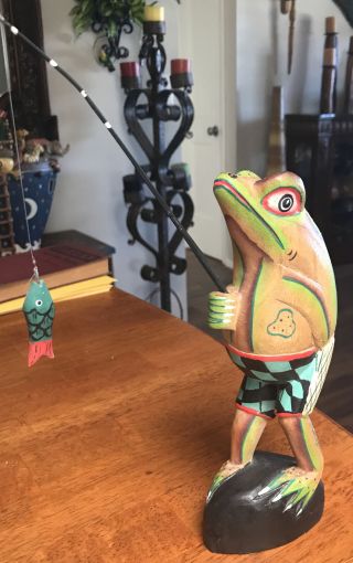 Vintage Mexican Folk Art Wood Carving,  Fishing Frog Hand Painted
