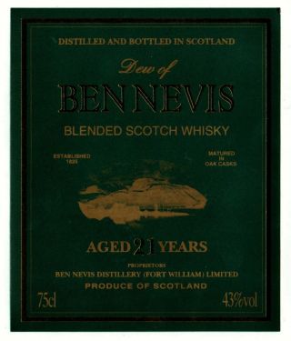 Ben Nevis Distillery - Dew Of Ben Nevis 21 Yrs Old Blended Whisky Label