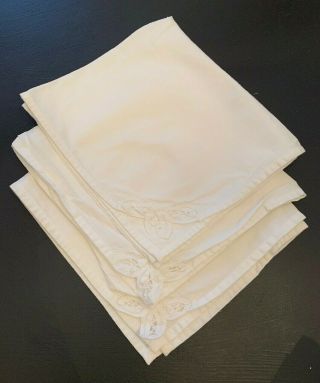 Vintage Set Of 3 White Cotton Table Linen Napkins Lace Corner 14 " X 15 "