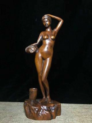 Collectibles Natural Boxwood Figurine Carved Naked Beauty Girl Wood Statue P161