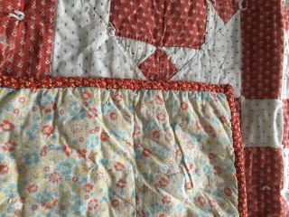 Vintage Handmade Baby Crib Quilt Red and White Cotton Calico Prints 3