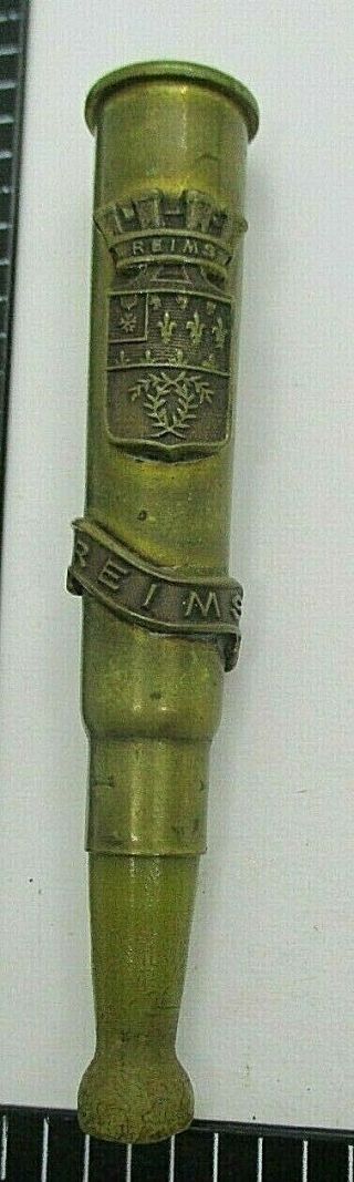 Ww1 Brass Bullet Casing Trench Art 1919 Reims Cigarette / Cigar Holder ?