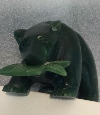 Inuit Green Serpentine Soapstone Bear With Salmon In Her Mouth Canada
