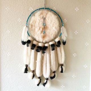 Native American Indian Large Dream Catcher Fur Wool Feathers Teal White Handmade