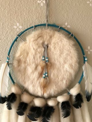 Native American Indian Large Dream Catcher Fur Wool Feathers Teal White Handmade 2