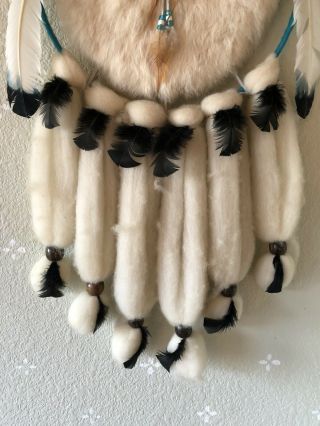 Native American Indian Large Dream Catcher Fur Wool Feathers Teal White Handmade 3