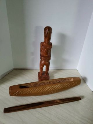 Vintage Hand Carved Wood Tiki God Figure 7 ",  T & Canoe,  Marked Tahiti,  & Ore