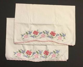 Vintage White Cotton Pillowcase Pair W/floral Cross - Stitch & Crochet Edge