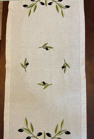 Hand Embroidered Table/dresser Runner Linen Olive Branches 36x16