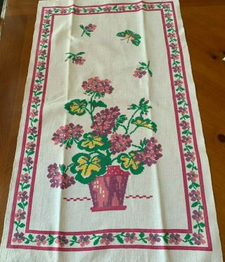 Vintage Kitchen Tea Towel Cloth Printed Linen Geraniums Cotton Linen