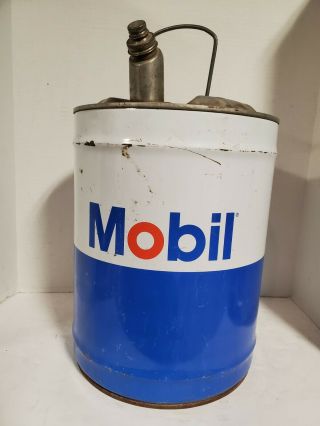 Vintage 5 Gallon Mobil Oil Can Dome Top With Spout W/cap,  Lid And Bail Handle