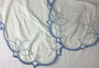 Set Of 2 Vintage Dresser Scarfs Blue White Embroidered Crochet 52/27 X 14 Inch