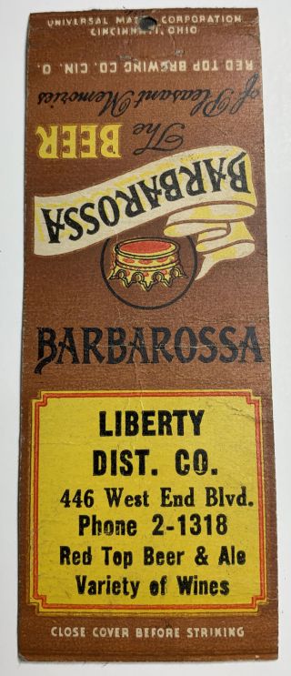 Red Top Barbarossa Beer Matchbook Cover Cincinnati Ohio Liberty Distribting