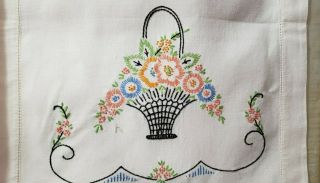 Vintage Embroidered Flower Basket Dresser Scarf,  Table Runner