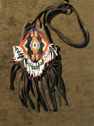 Vintage Native American Leather Beaded Medicine Pouch Purse
