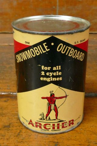 Vintage Archer Snowmobile & Outboard 2 Cycle Oil One Quart Metal Oil Can Full